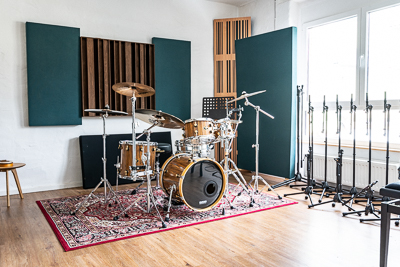 A drum set in the recording room