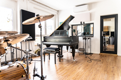 View of the recording room with the grand piano